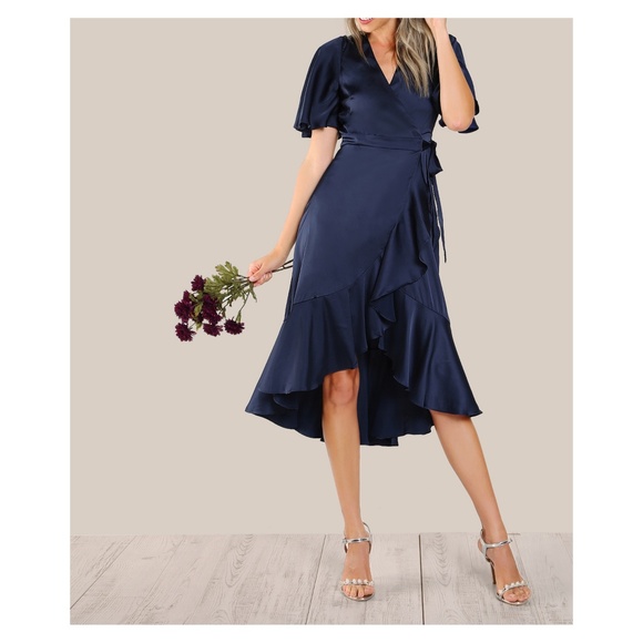 Navy Blue Satin Ruffle Wrap Tie Dress - Picture 5 of 5